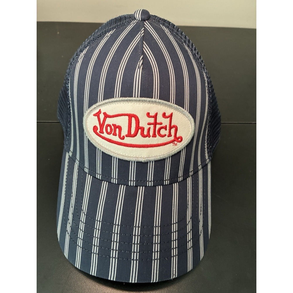 Von Dutch Hat Cap Snap Back Navy Blue White Pinstripe Trucker Mesh Patch Mens